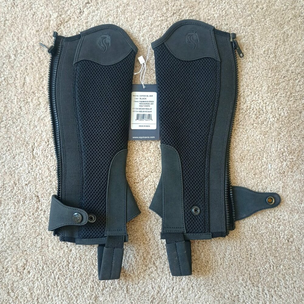 Kids Black Riding Half Chaps with Breathable Mesh Panels